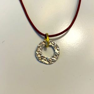 Boho Necklace Red Leather with Two Tone Sterling Silver Pendant 18”